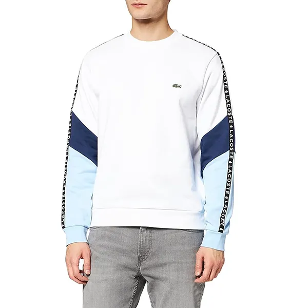 Áo Nỉ Sweater Nam Lacoste Men’s Crew Neck Lettered Colorblock Sleeved Fleece SH6889 Màu Trắng/Xanh Size 3