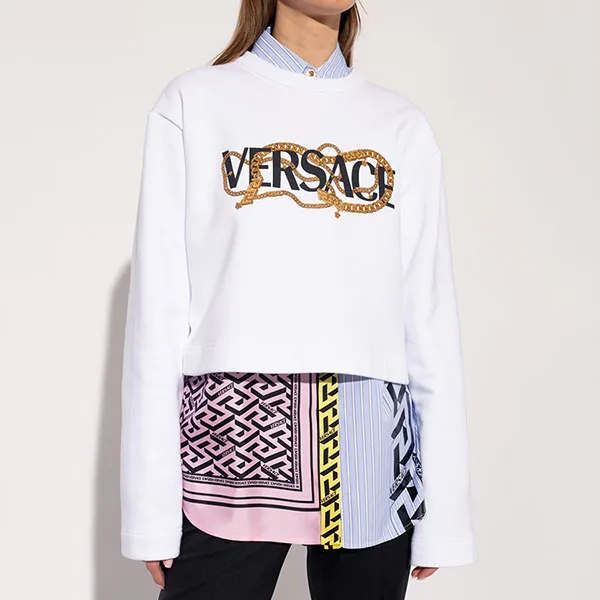 Áo Nỉ Sweater Nữ Versace White With Chain Logo Printed 1004133 1A01174 1W000 Màu Trắng