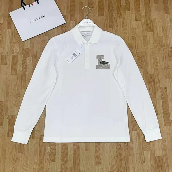 Áo Polo Dài Tay Nam Lacoste Long-Sleeve Letter Patch Piqué Polo Shirt Màu Trắng Size 5