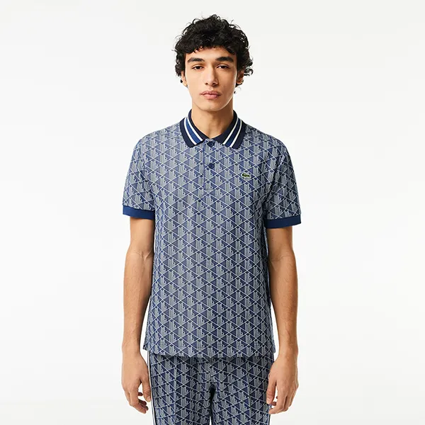 Áo Polo Nam Lacoste Men's Classic Fit Contrast Collar Monogram DH1417 51 QIE Màu Xanh Navy/Trắng Size 4