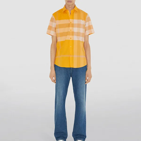 Áo Sơ Mi Nam Burberry Cotton-Poplin Check Shirt Màu Vàng Size XS