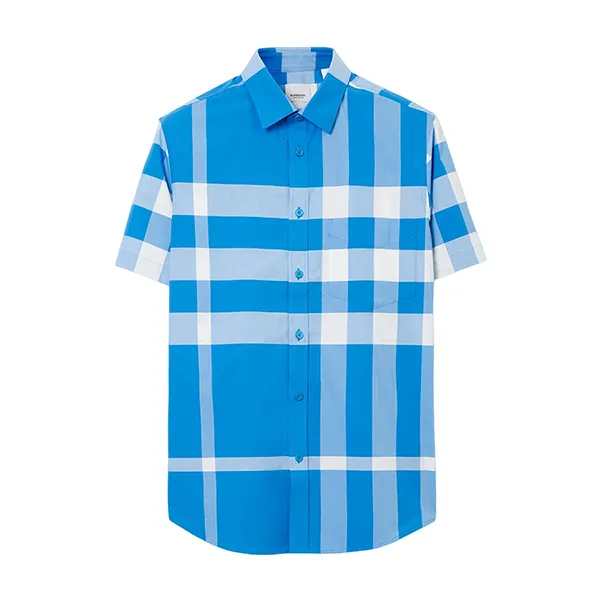Áo Sơ Mi Nam Burberry Cotton-Poplin Check Shirt Màu Xanh Size XS