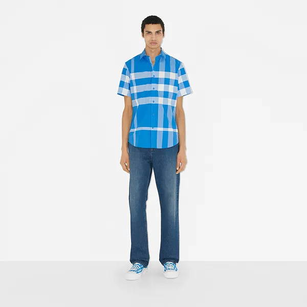 Áo Sơ Mi Nam Burberry Cotton-Poplin Check Shirt Màu Xanh Size XS