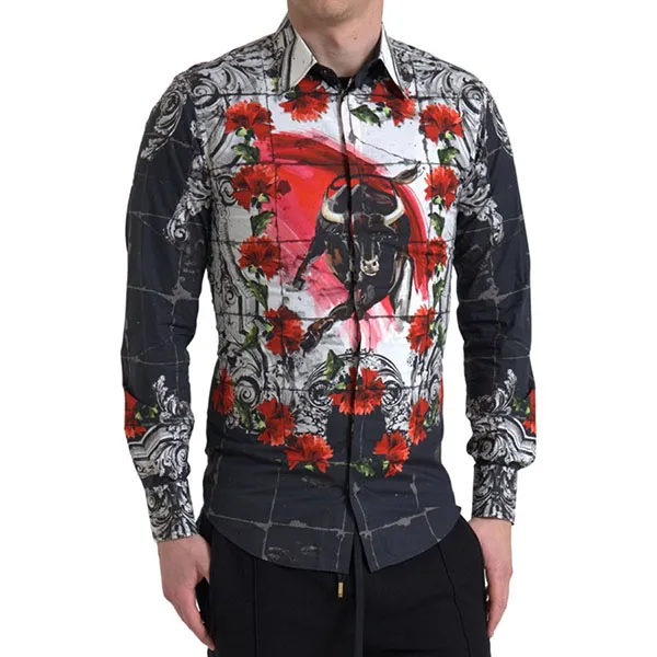 Áo Sơ Mi Nam Dolce & Gabbana D&G Shirt With Multicolor Floral Bull Print And Collar G5CV3T Phối Màu Size 38