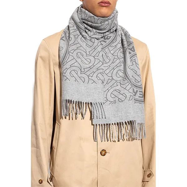 Khăn Quàng Cổ Burberry Reversible Monogram-Pattern Cashmere Scarf In Grey Màu Xám