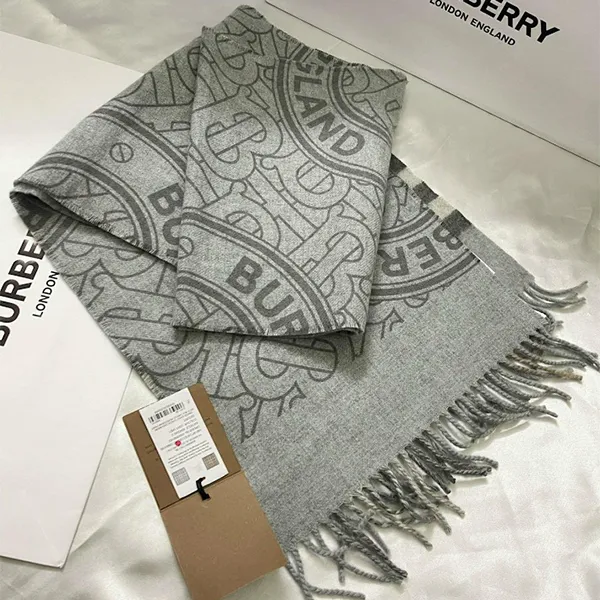 Khăn Quàng Cổ Burberry Reversible Monogram-Pattern Cashmere Scarf In Grey Màu Xám