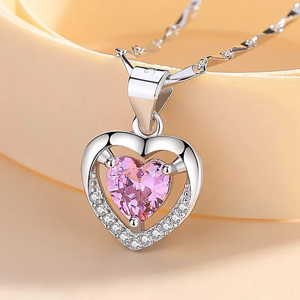 Dây Chuyền Lili Jewelry Bạc Nữ Trái Tim Đính Đá CZ LILI_637225 Màu Hồng