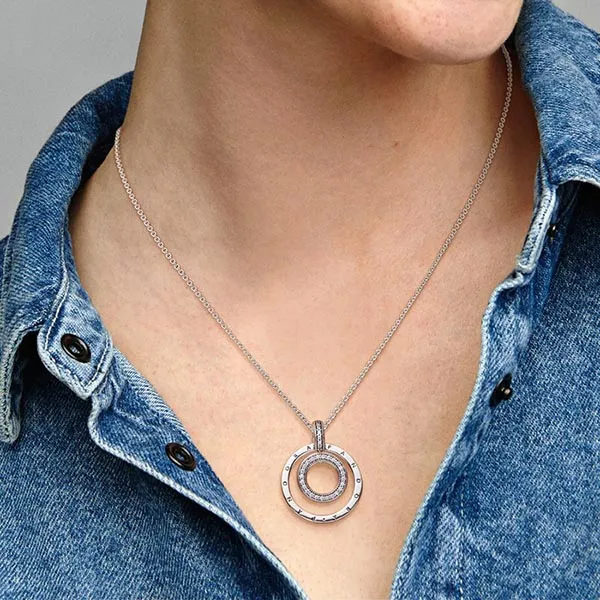 Dây Chuyền Nữ Pandora Signature Mặt Dây Hai Vòng Tròn Đính Đá 392308C01 Màu Trắng Bạc