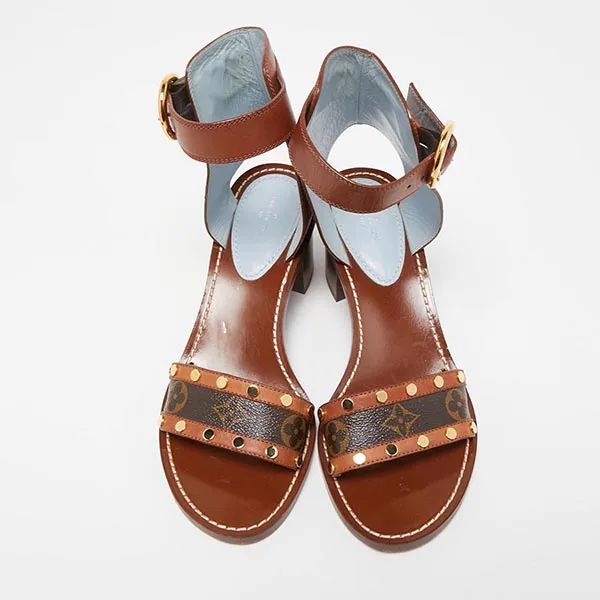 Dép Cao Gót Nữ Louis Vuitton LV Brown Leather And Monogram Canvas Passenger Sandals Màu Nâu Size 36.5
