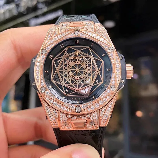 Đồng Hồ Nữ Hublot Sang Bleu 39mm King Gold Full Diamond Màu Đen/Vàng Hồng