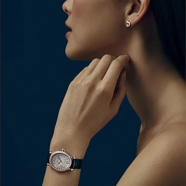 Đồng Hồ Nữ Chopard Happy Sport 275362-5002 Oval 18K Diamonds Màu Đen / Vàng Hồng