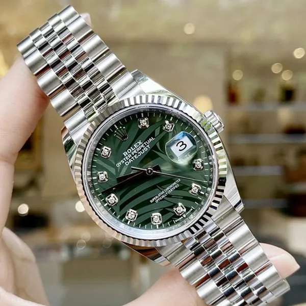 Đồng Hồ Rolex Steel Datejust 36 Olive Green Palm Jubilee 126234-0047 Màu Xanh Bạc