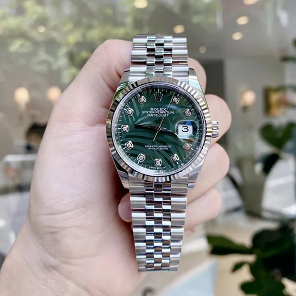 Đồng Hồ Rolex Steel Datejust 36 Olive Green Palm Jubilee 126234-0047 Màu Xanh Bạc