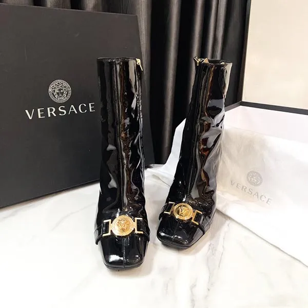 Giày Boot Nữ Versace Pre-Owned Leather In Black Màu Đen Size 35