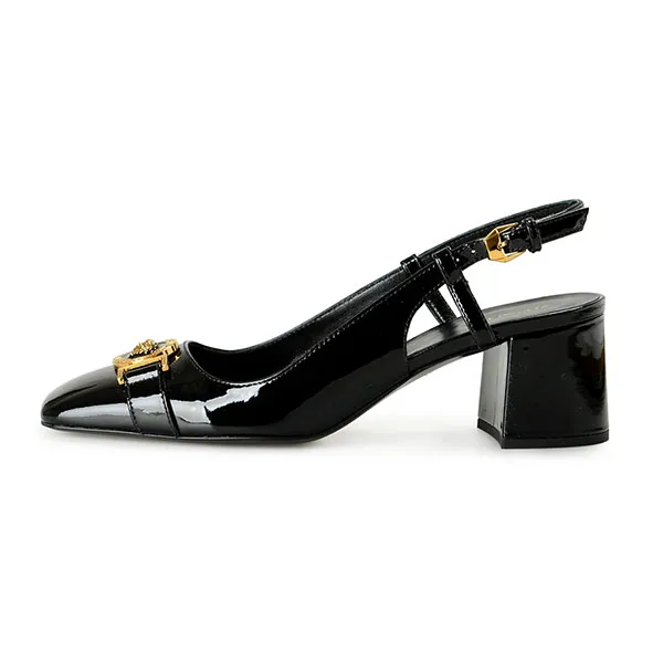 Giày Cao Gót Nữ Versace Black Leather With Medusa Gold Logo 1003377 1A02056 1B00V Màu Đen Size 38