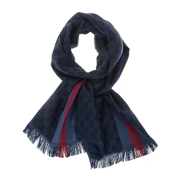 Khăn Quàng Cổ Gucci Blue Wool Silk GG Guccissima Web Stripe Scarf Màu Xanh Navy