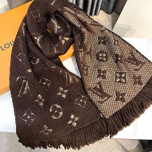 Khăn Quàng Cổ Louis Vuitton Brown Wool & Silk Logomania Shine Scarf Màu Nâu