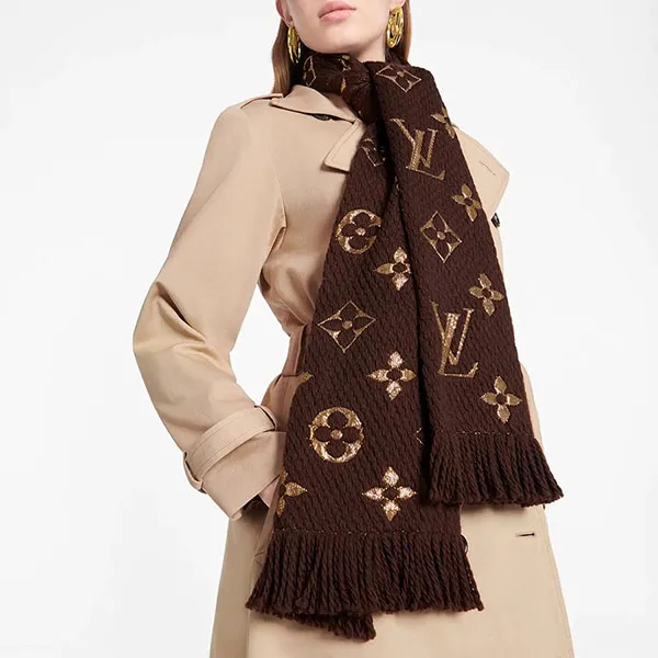 Khăn Quàng Cổ Louis Vuitton Brown Wool & Silk Logomania Shine Scarf Màu Nâu