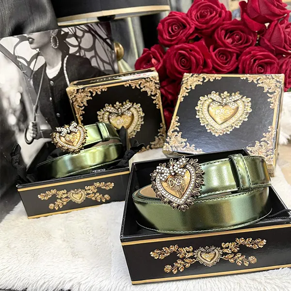 Thắt Lưng Nữ Dolce & Gabbana D&G Pearl Heart Leather Belt Green Gold Màu Xanh Vàng Size 80 - Thắt lưng - Vua Hàng Hiệu