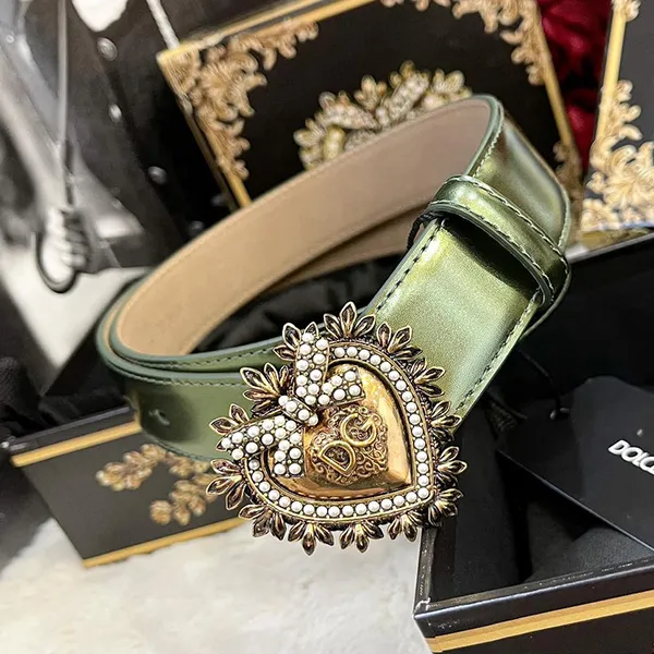 Thắt Lưng Nữ Dolce & Gabbana D&G Pearl Heart Leather Belt Green Gold Màu Xanh Vàng Size 80 - Thắt lưng - Vua Hàng Hiệu