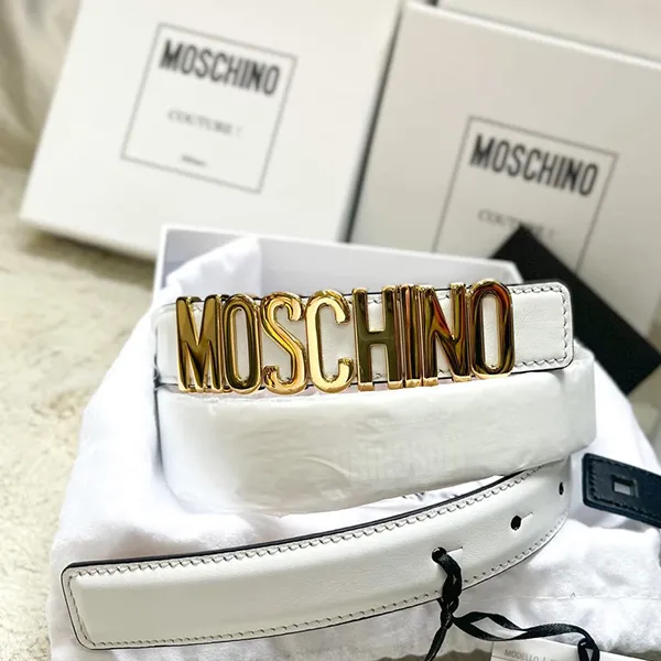 Thắt Lưng Nữ Moschino White Hammered Leather Logo Belt 2.5cm Màu Trắng - Thắt lưng - Vua Hàng Hiệu