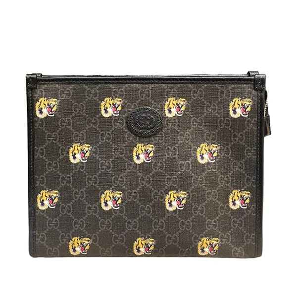 Túi Cầm Tay Nam Gucci GG Canvas Tiger Clutch Màu Đen