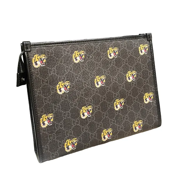 Túi Cầm Tay Nam Gucci GG Canvas Tiger Clutch Màu Đen