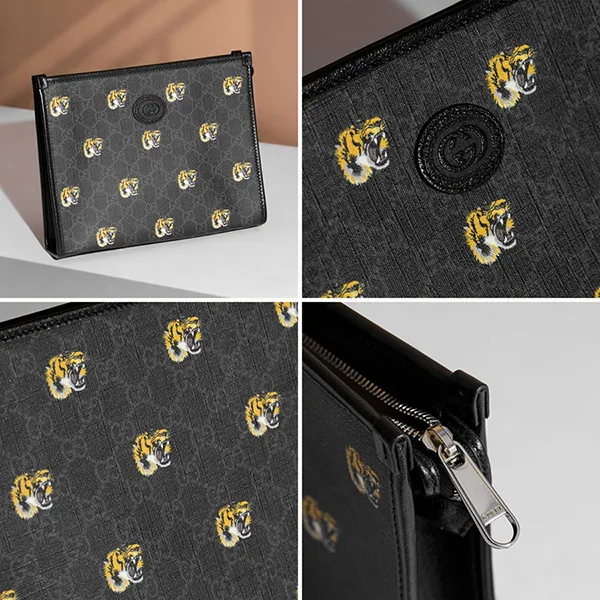Túi Cầm Tay Nam Gucci GG Canvas Tiger Clutch Màu Đen