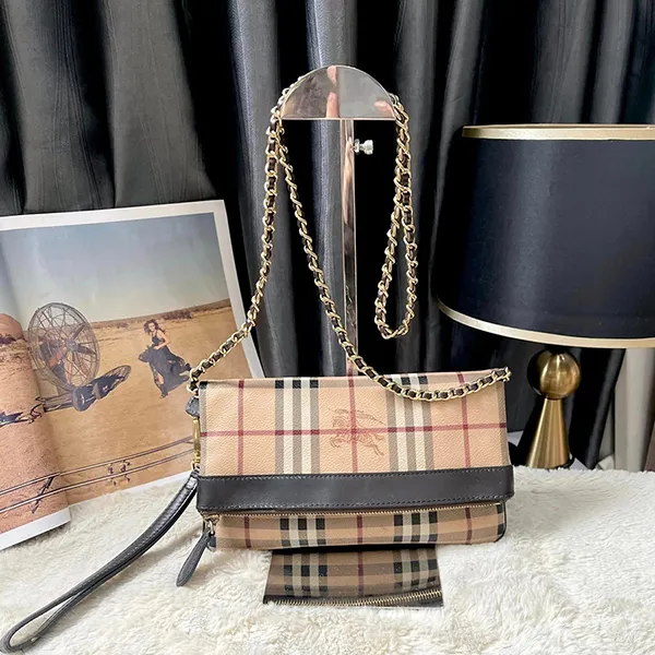 Túi Cầm Tay Nữ Burberry Haymarket Check Coated Canvas Adeline Màu Beige (Kèm Dây Đeo) - Túi xách - Vua Hàng Hiệu