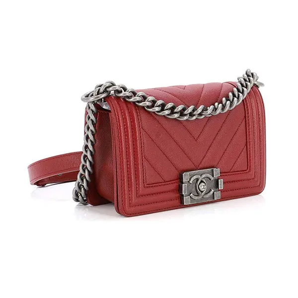Túi Đeo Chéo Nữ Chanel Boy Flap Bag Chevron Caviar Small Màu Đỏ Đô - Túi xách - Vua Hàng Hiệu