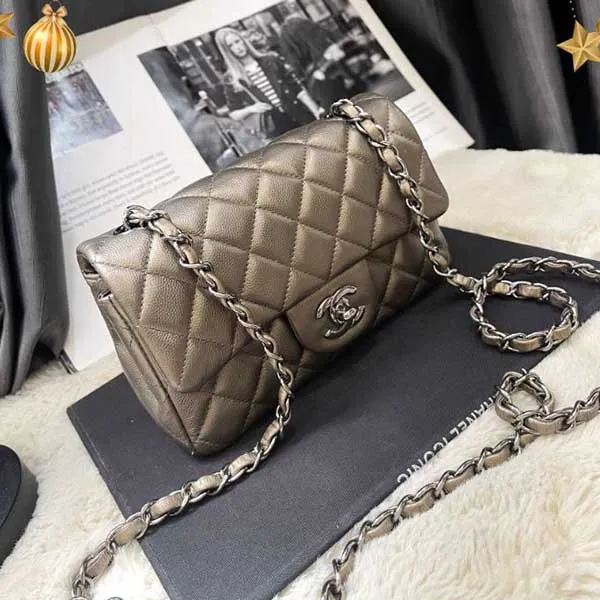 Túi Đeo Chéo Nữ Chanel Caviar Quilted Mini Rectangular Flap Bronze Màu Xám Đồng