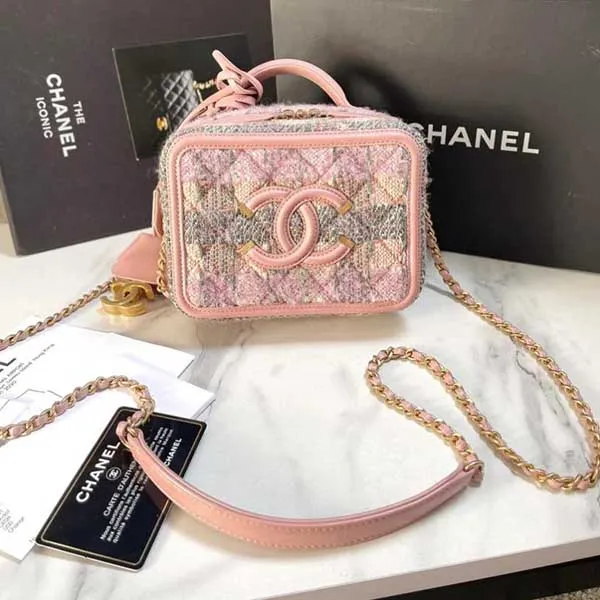 Túi Đeo Chéo Nữ Chanel Vanity Tweed Màu Hồng Be