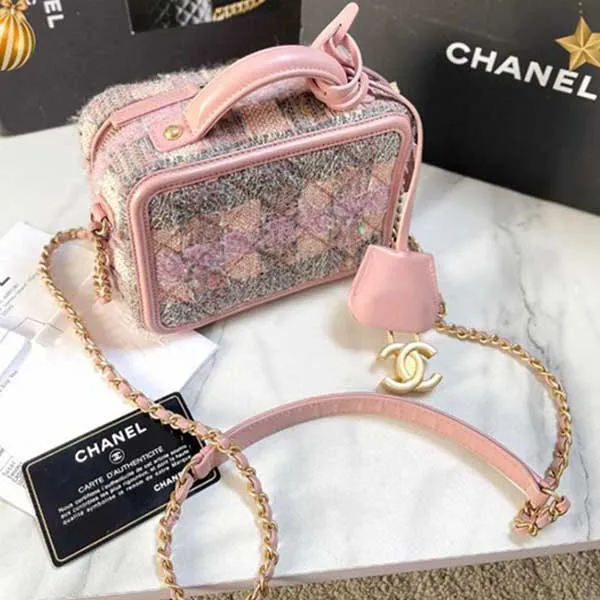 Túi Đeo Chéo Nữ Chanel Vanity Tweed Màu Hồng Be