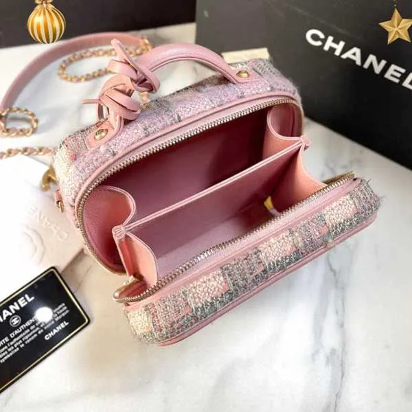 Túi Đeo Chéo Nữ Chanel Vanity Tweed Màu Hồng Be