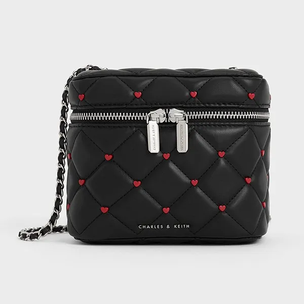 Túi Đeo Chéo Nữ Charles & Keith CNK Nezu Quilted Heart-Print Bag CK2-80271114-A Black Màu Đen