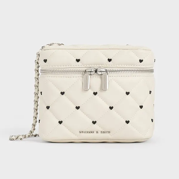 Túi Đeo Chéo Nữ Charles & Keith CNK Nezu Quilted Heart-Print Bag CK2-80271114-A Chalk Màu Trắng Kem