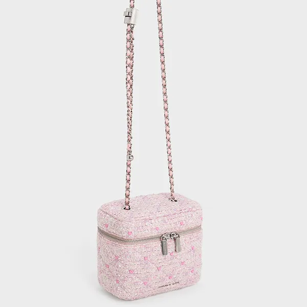 Túi Đeo Chéo Nữ Charles & Keith CNK Nezu Tweed Heart-Print Bag 80271114-A Pink Màu Hồng