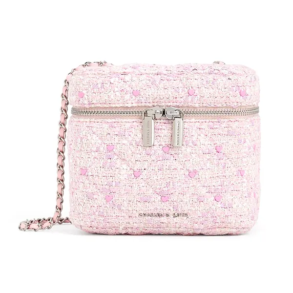 Túi Đeo Chéo Nữ Charles & Keith CNK Nezu Tweed Heart-Print Bag 80271114-A Pink Màu Hồng
