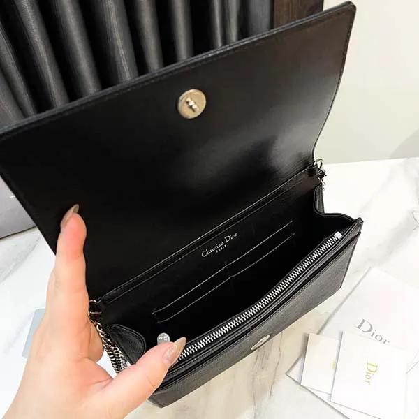 Túi Đeo Chéo Nữ Dior Black Leather Diorama Wallet On Chain Màu Đen
