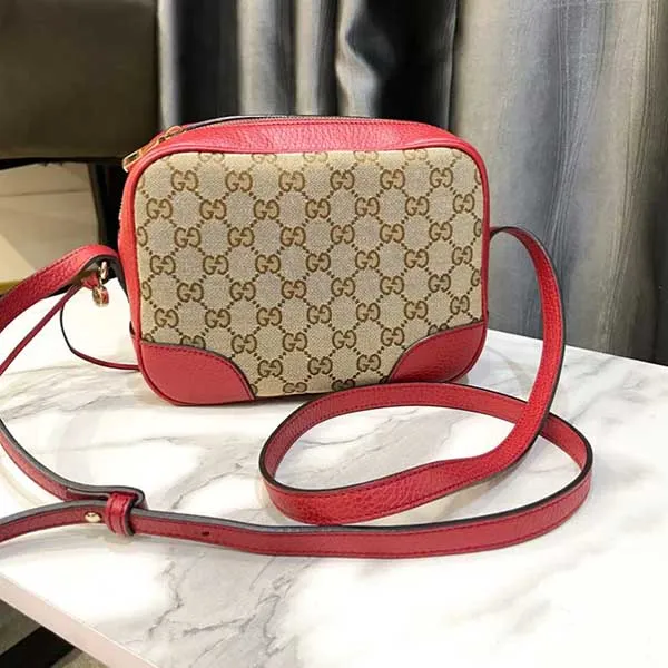 Túi Đeo Chéo Nữ Gucci GG Crossbody Shoulder Bag Canvas Leather Màu Be Đỏ
