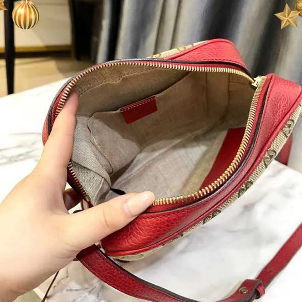 Túi Đeo Chéo Nữ Gucci GG Crossbody Shoulder Bag Canvas Leather Màu Be Đỏ
