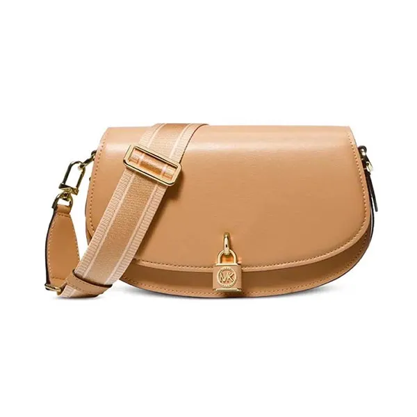 Túi Đeo Chéo Nữ Michael Kors MK Mila Medium Leather East West Sling Messenger Màu Be Đậm