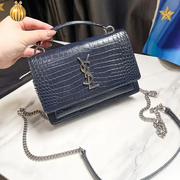 Túi Đeo Chéo Nữ Yves Saint Laurent YSL Deep Marine Croc Embossed Leather Mini Sunset Chain Bag Màu Xanh Than - Túi xách - Vua Hàng Hiệu