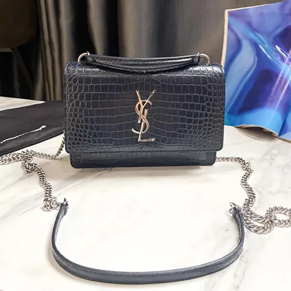 Túi Đeo Chéo Nữ Yves Saint Laurent YSL Deep Marine Croc Embossed Leather Mini Sunset Chain Bag Màu Xanh Than - Túi xách - Vua Hàng Hiệu