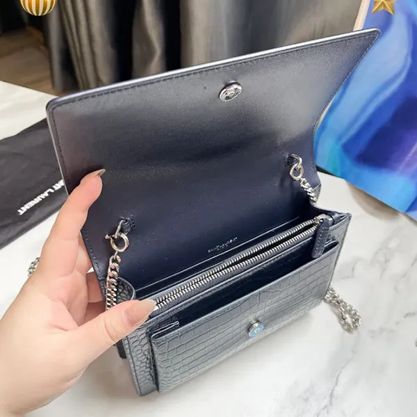 Túi Đeo Chéo Nữ Yves Saint Laurent YSL Deep Marine Croc Embossed Leather Mini Sunset Chain Bag Màu Xanh Than - Túi xách - Vua Hàng Hiệu