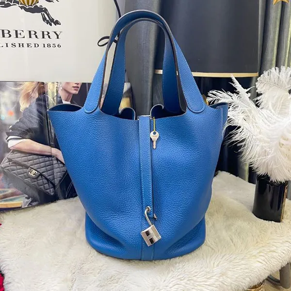 Túi Tote Nữ Hermès Clemence Leather Picotin PM Buckle Màu Xanh Đậm