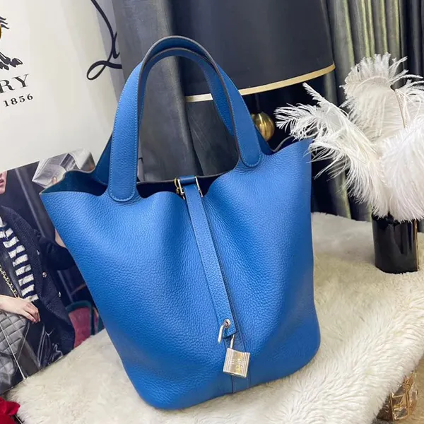 Túi Tote Nữ Hermès Clemence Leather Picotin PM Buckle Màu Xanh Đậm