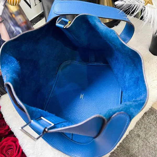 Túi Tote Nữ Hermès Clemence Leather Picotin PM Buckle Màu Xanh Đậm