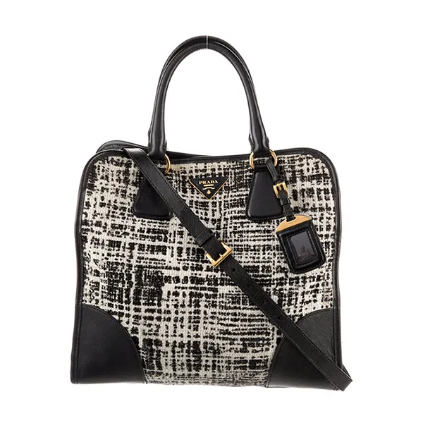 Túi Tote Nữ Prada Saffiano Trimmed Tela Tweed Màu Trắng Đen - Túi xách - Vua Hàng Hiệu