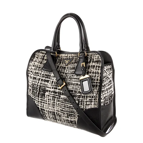 Túi Tote Nữ Prada Saffiano Trimmed Tela Tweed Màu Trắng Đen - Túi xách - Vua Hàng Hiệu